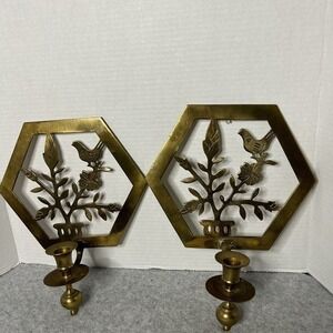 VTG Solid Brass Wall Sconces Set of 2 Bird Floral Design 9x11x4”Candle Holder